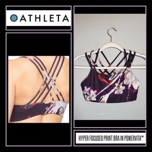 ATHLETA Hyper Focused Print Bra in Powervita | Size S | Strappy | Purple Floral